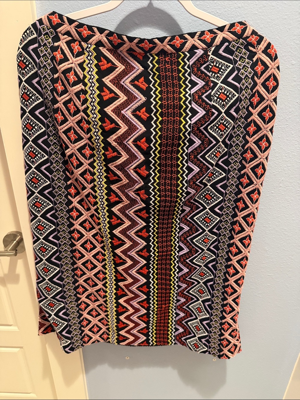 Anthropologie Embroidered Geometric Midi Skirt in Black and Coral